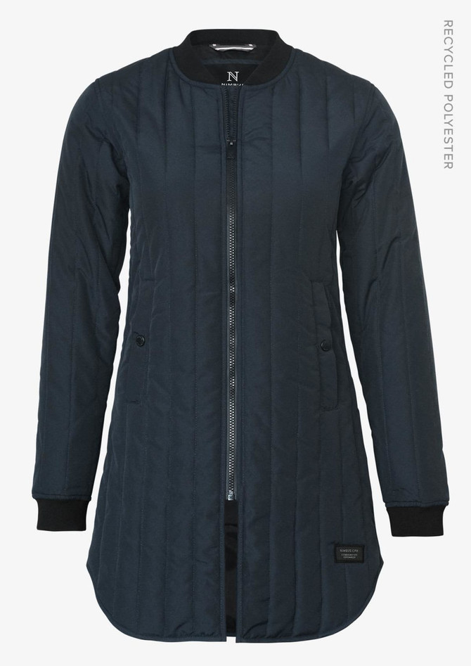A puffer jacket in navy blue featuring a zip front, long sleeves, and a logo on the side.