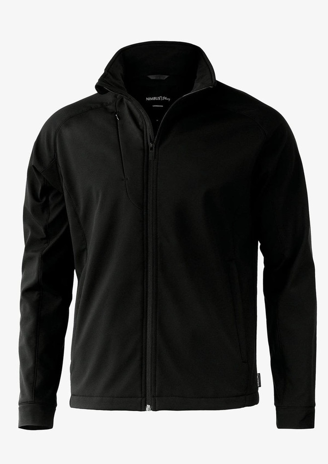 A black soft shell jacket with a zippered front and a hood, featuring a logo on the jacket.