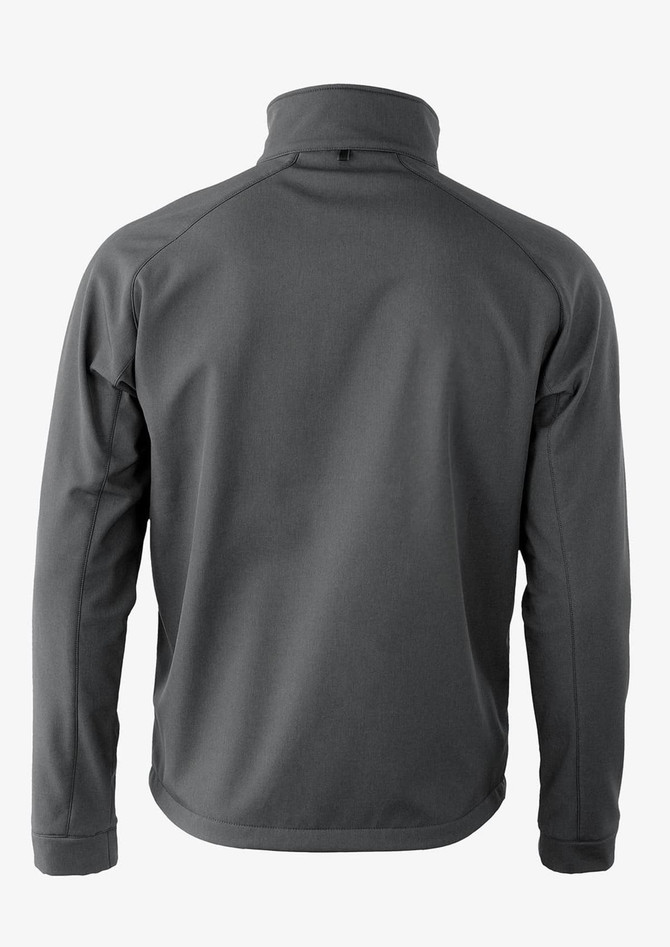 A grey soft shell jacket with a high collar and a rear view featuring a logo.