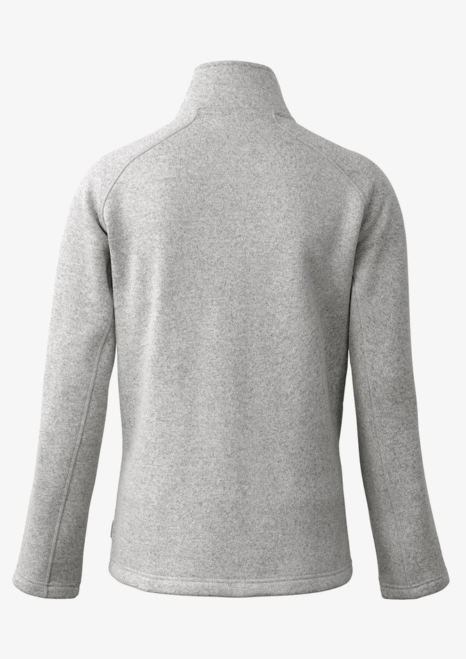 A polar fleece jacket in grey, featuring a high collar and long sleeves. It has a logo on the back.