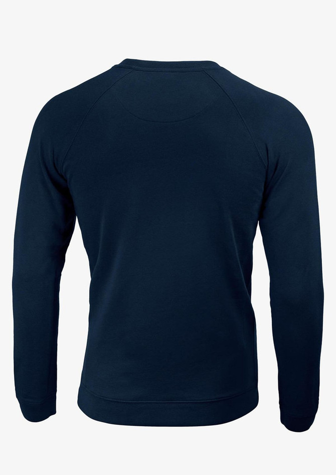A navy blue sweatshirt with a classic crew neck and raglan sleeves. It features a logo on the back.