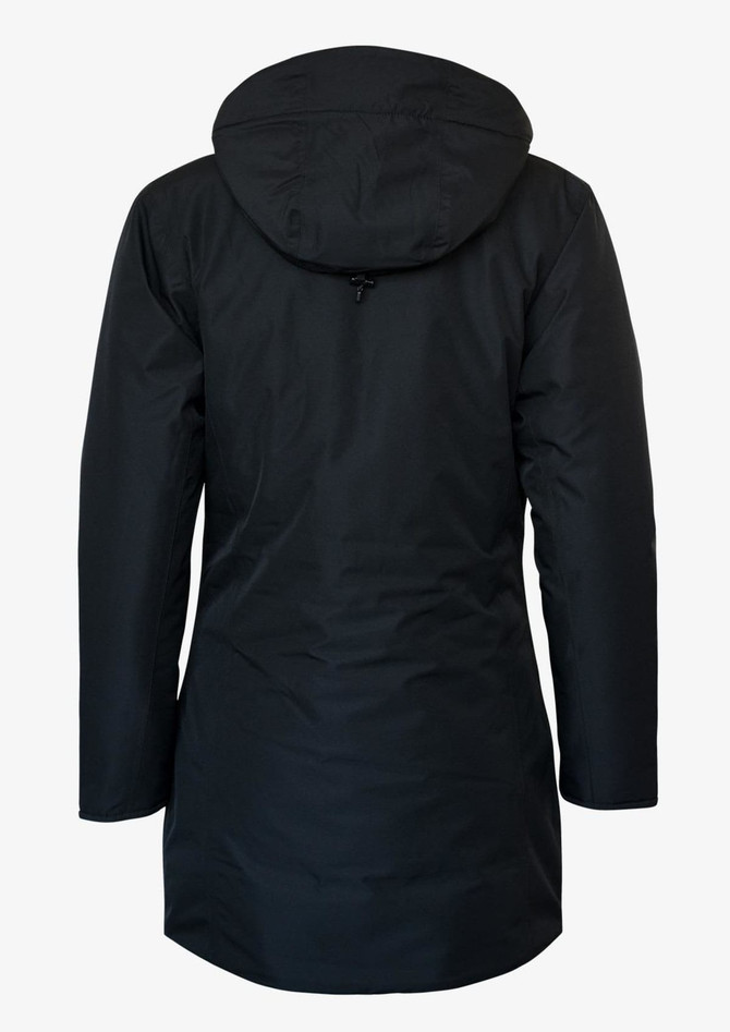 A black women's jacket with a hood, featuring a sleek design and minimalistic style, showing the back view.