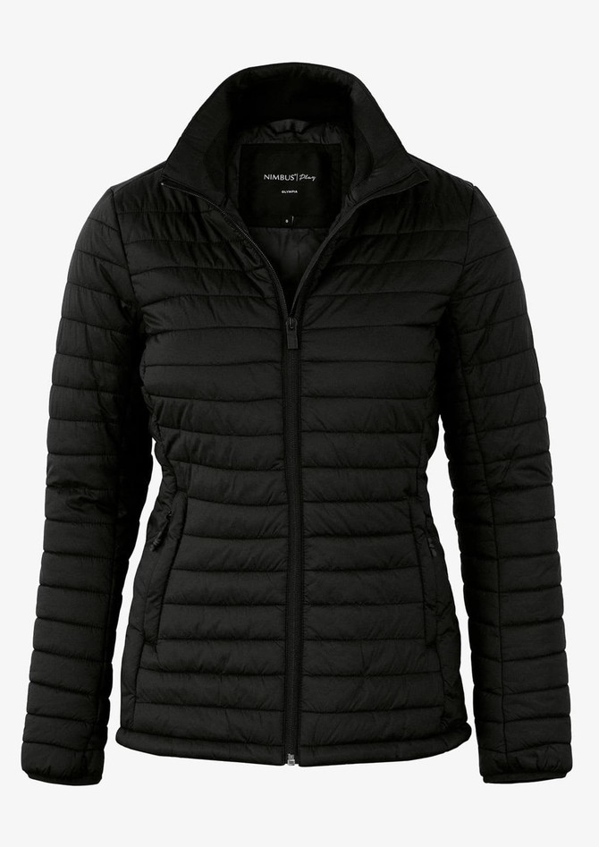 A black puffer jacket with a zip front and a high collar, featuring a logo on the interior.