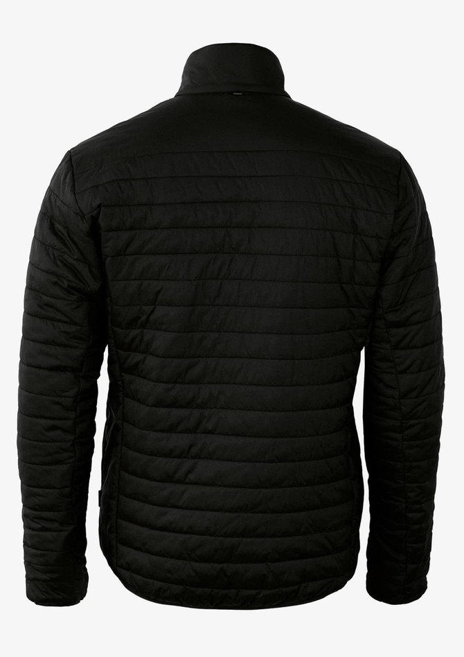 A black puffer jacket with a quilted texture and a high collar, featuring a logo on the back.
