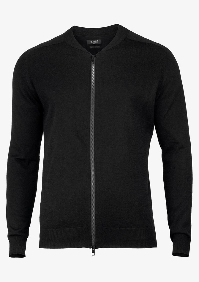 A black cardigan with a zip front and long sleeves, featuring a logo.