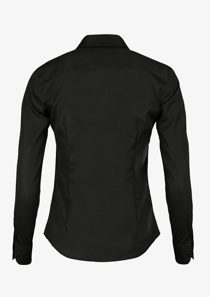 A women's button-up shirt in black, featuring a tailored fit and long sleeves. Includes a logo.