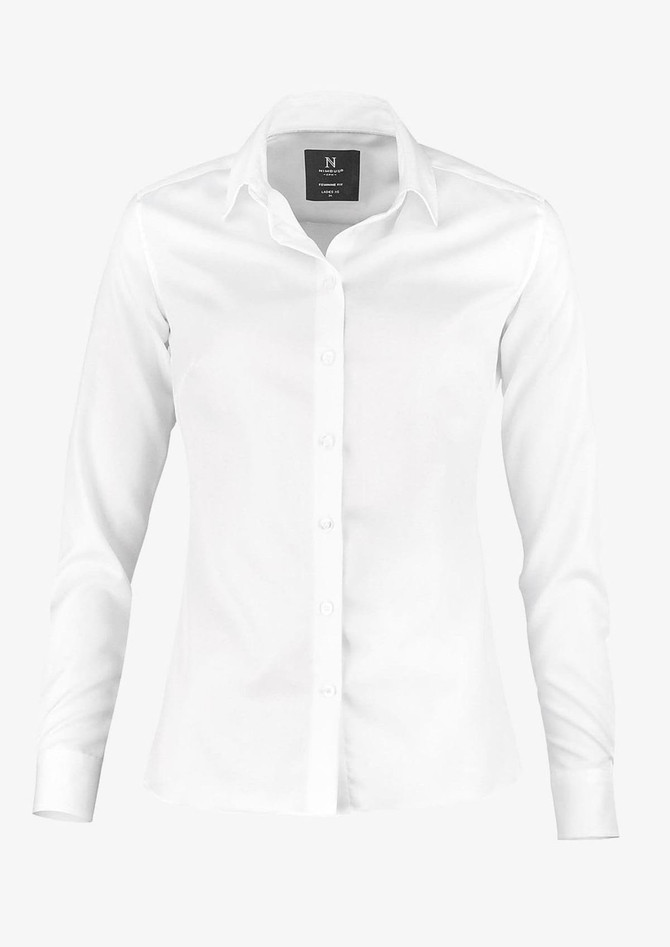 A white button-up shirt featuring long sleeves and a collar, with a label attached inside.