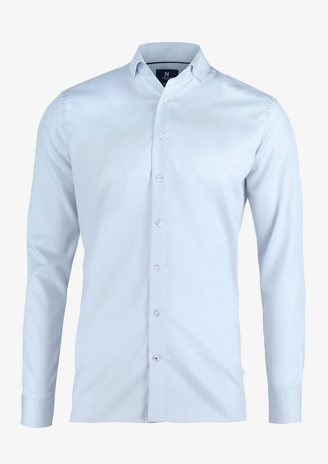 A light blue slim fit button-up shirt with long sleeves and a collar, featuring a logo on the chest.