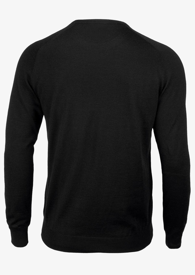 A black knitted jumper featuring a simple design and long sleeves, with a smooth back detail.