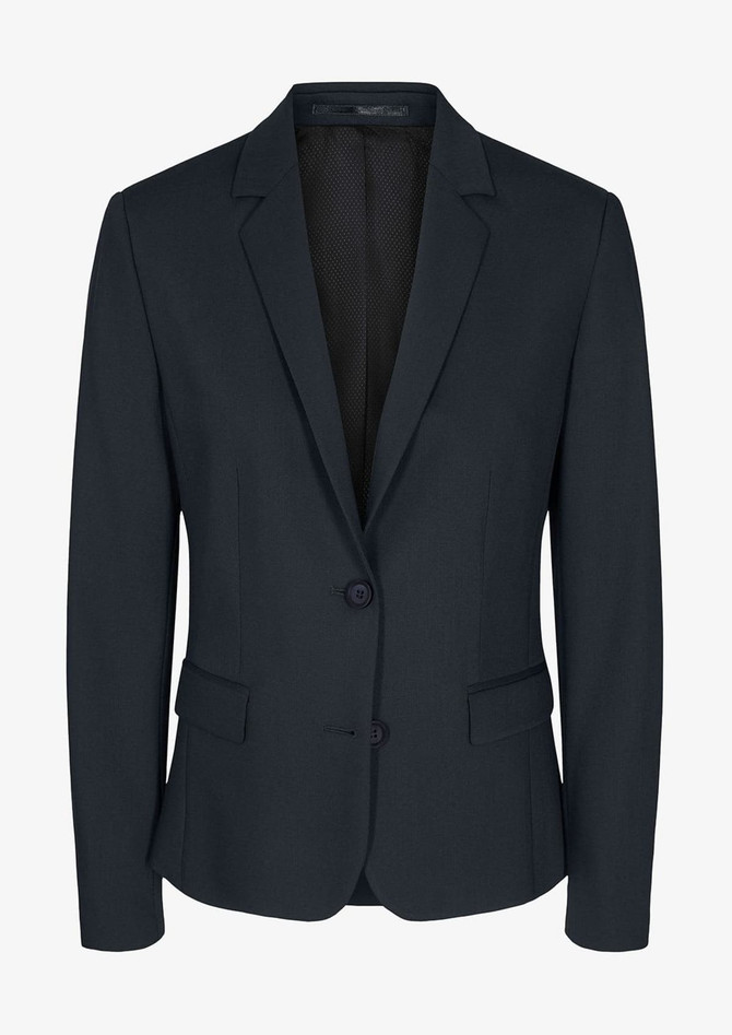 A dark navy blazer with a tailored fit, featuring a single-breasted design and two front pockets.