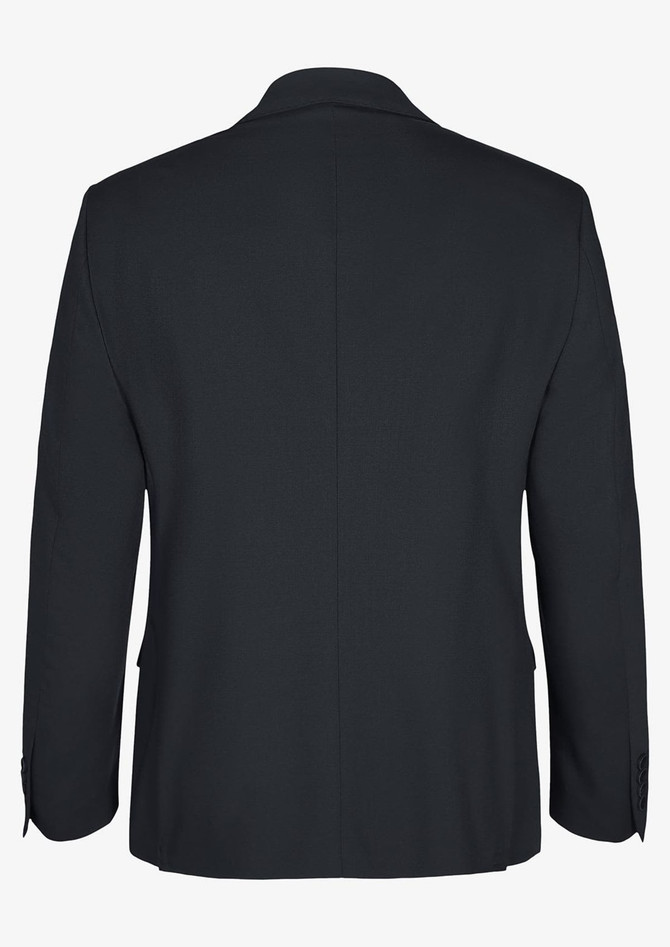 A black men's jacket, featuring a classic blazer design, with a single rear vent and two side pockets.