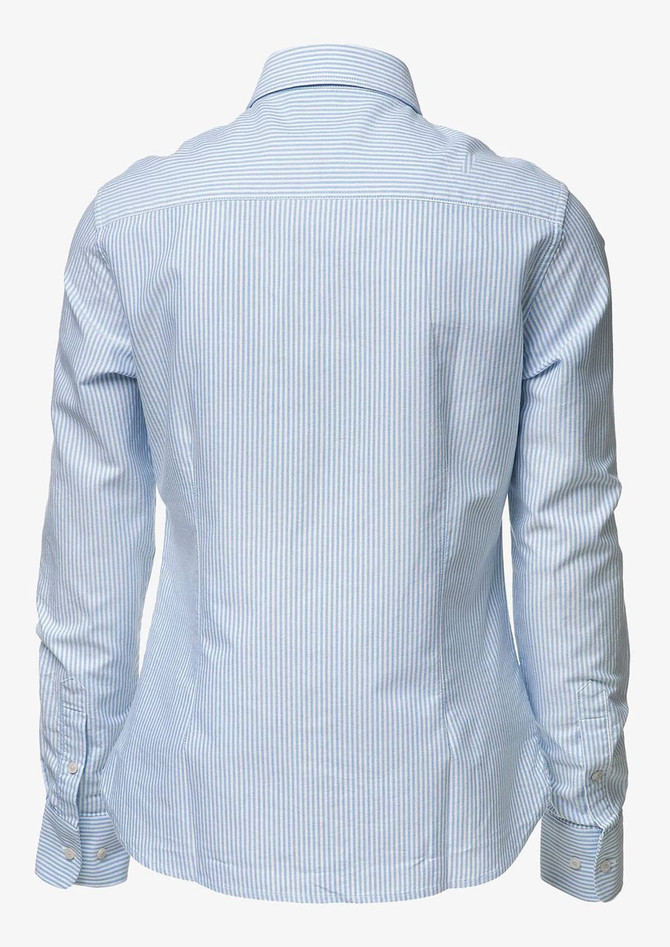 A light blue button-up shirt with vertical stripes and a collar, featuring long sleeves and a fitted design.
