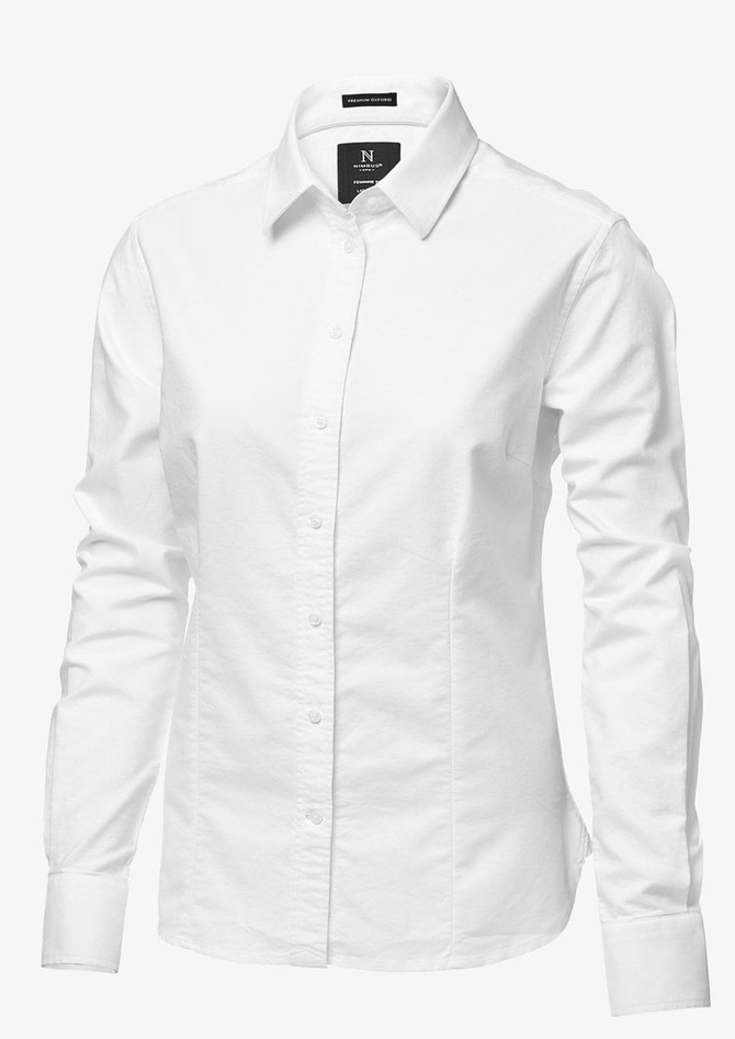 A white button-up shirt for women featuring a collar and long sleeves, with a logo on the label.