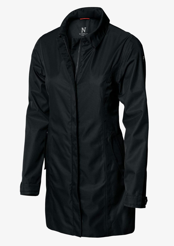 A black women's rain jacket featuring a collar and a logo on the sleeve.