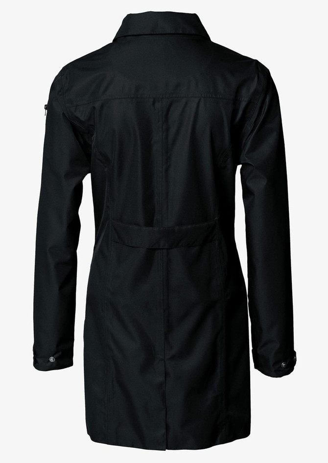 A black rain jacket with a collared neck, long sleeves, and a back belt detail, featuring a logo.