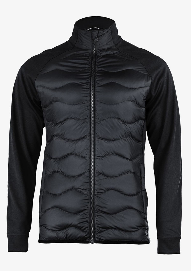 A black puffer jacket with a smooth front panel and long sleeves, featuring a zip closure and a logo on the chest.