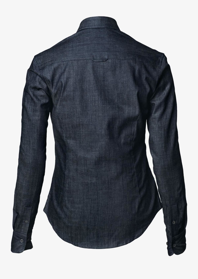 A dark denim button-up shirt featuring a fitted design and long sleeves, with a back yoke and cuffs.