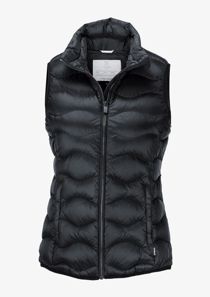 A black puffy vest featuring a zip front, high collar, and a logo on the side.