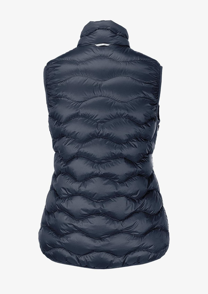 A puffy navy vest with a quilted design and no sleeves, featuring a collar and a logo.