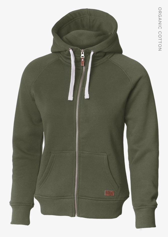 An olive green zip-up women's hoodie with a hood and front pockets. It has a logo on the side.