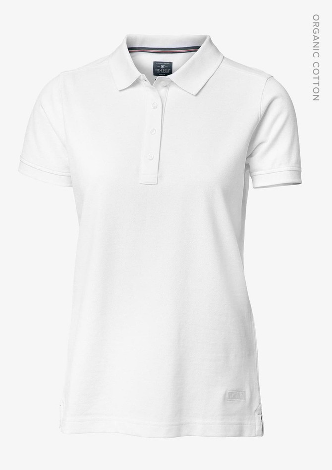 A white women's polo shirt with a collar and short sleeves. It features a logo on the chest.