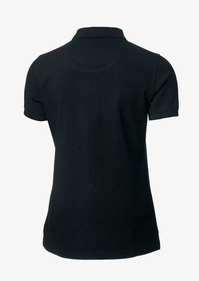 A black polo shirt with a collar and short sleeves, featuring branding on the back.