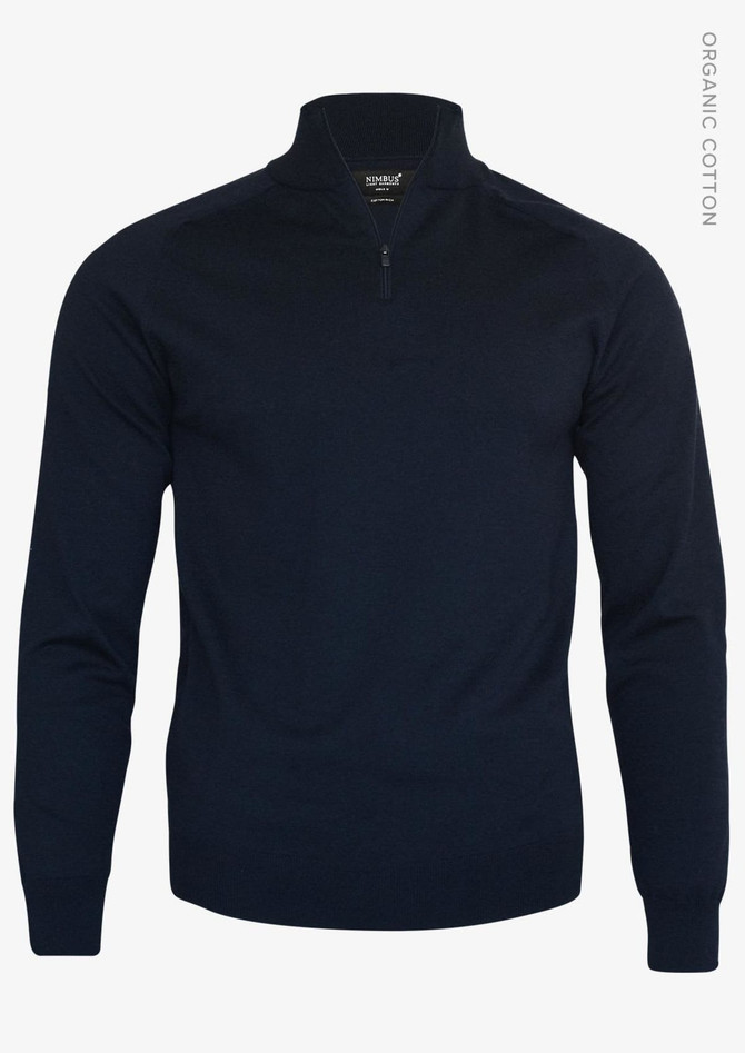 A navy 1/4-zip men's knitwear top made from organic cotton, featuring a collar and long sleeves. It has a logo.