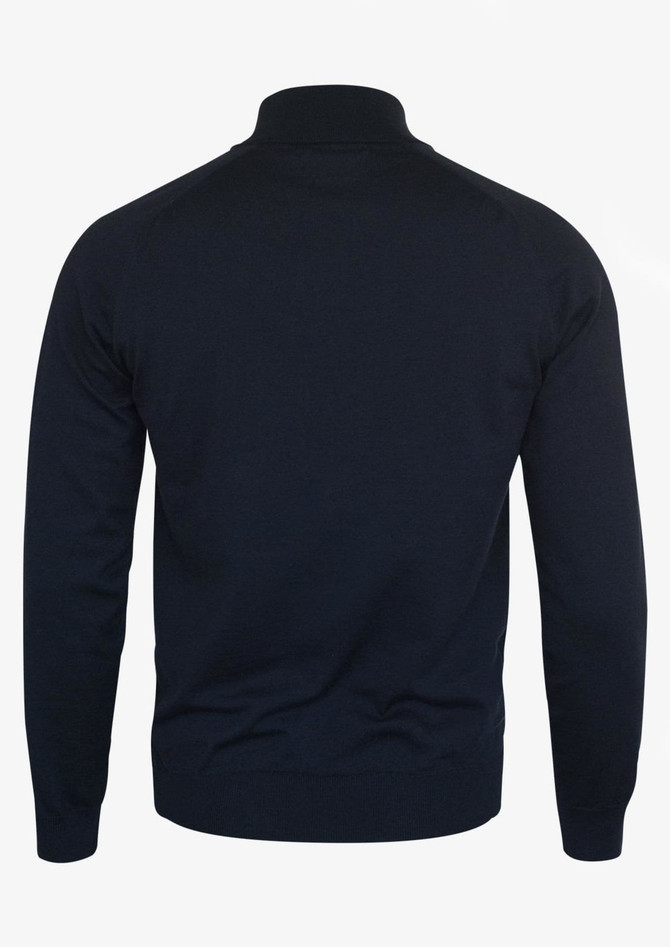 A navy blue 1/4-zip men's knitwear featuring a fitted silhouette and long sleeves, with a logo on it.