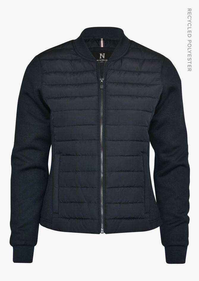 A dark blue women's jacket with a quilted front, long sleeves, and a zip closure. Features branded detailing.