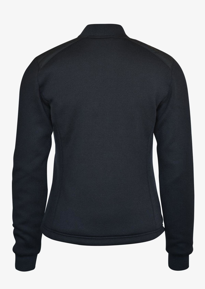 A black women's jacket with a fitted design, featuring long sleeves and a high collar, viewed from the back.