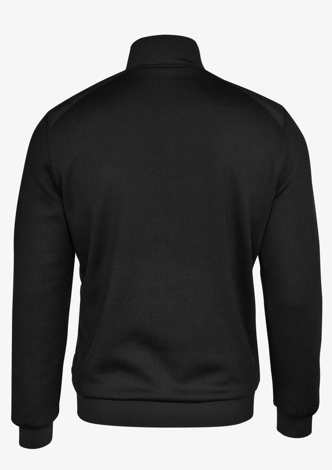 A black men's jacket featuring a high collar and ribbed cuffs, designed with a simple, sleek silhouette.