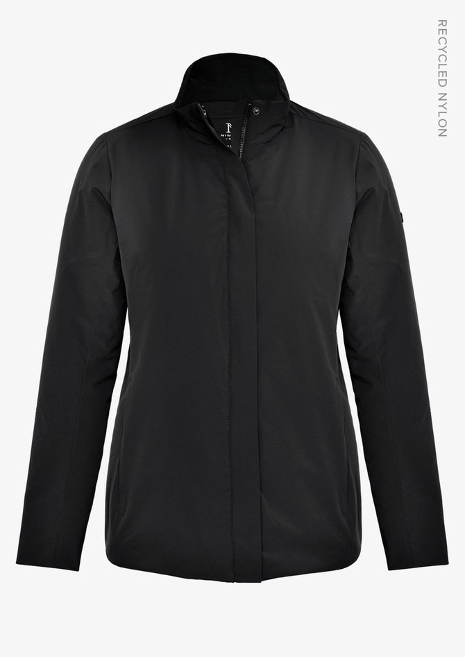 A women's jacket in black made from recycled nylon, featuring a high collar and a simple design.