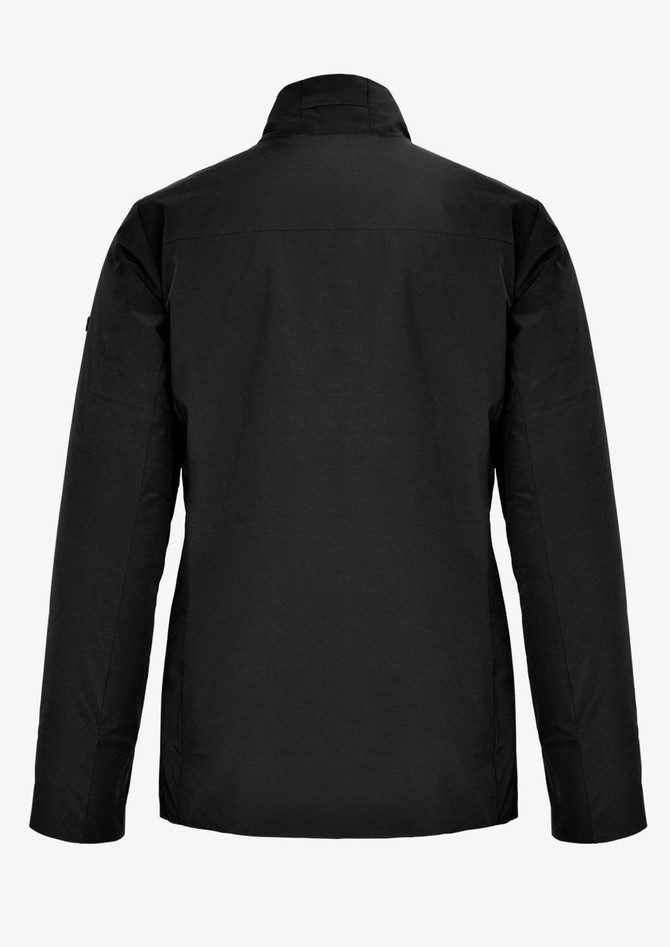 A black women's jacket with a simple design, featuring a collar and long sleeves, also has a logo on the back.