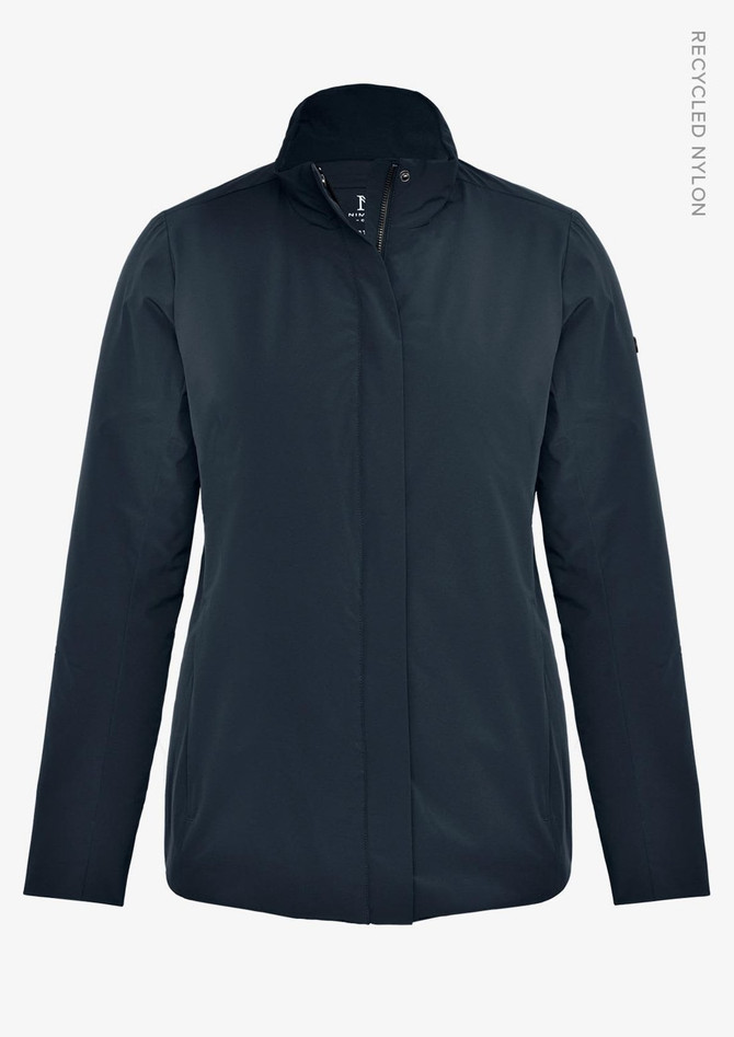 A navy jacket made from recycled nylon, featuring a high collar and a sleek design. It includes branding details.