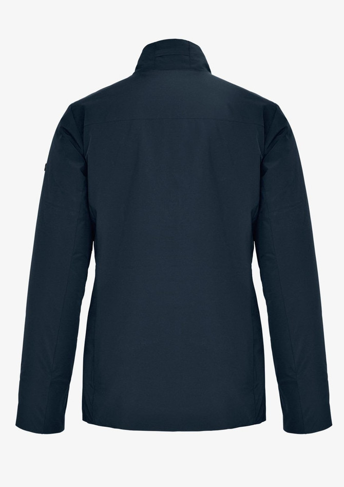 A women's jacket in navy blue, featuring a simple back design and a collar. Contains branding details.