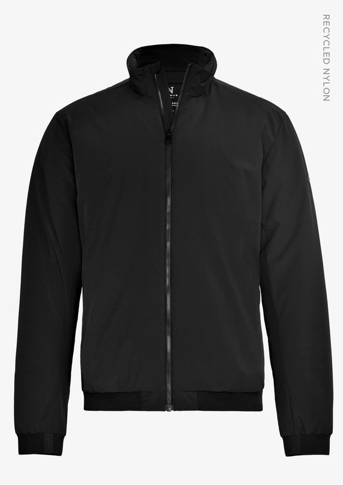 A black men's jacket featuring a zip front and a stand collar, made from recycled nylon. The jacket has a logo.