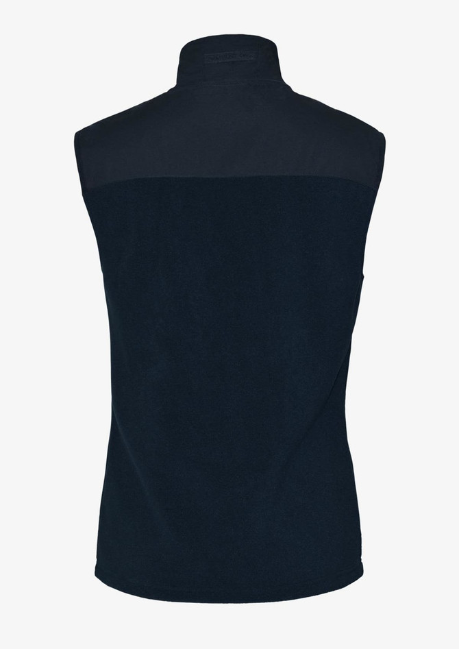 A dark navy unisex vest with a high collar and a smooth upper panel. It features a logo on the back.