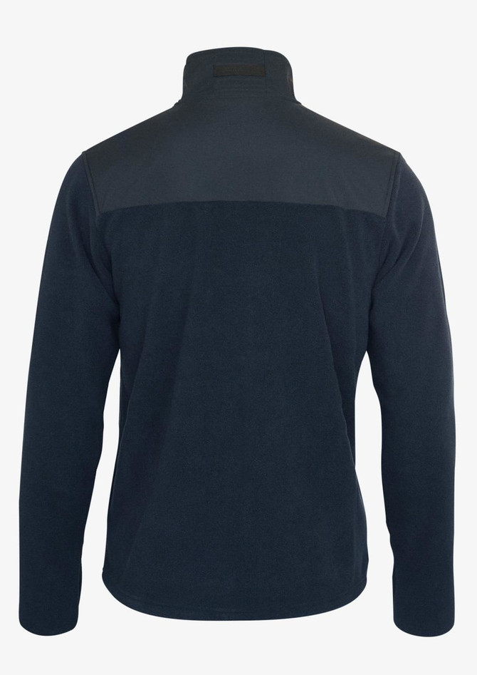A navy blue men's jacket with a high collar and a contrasting dark panel on the upper back. It has a logo on the back.