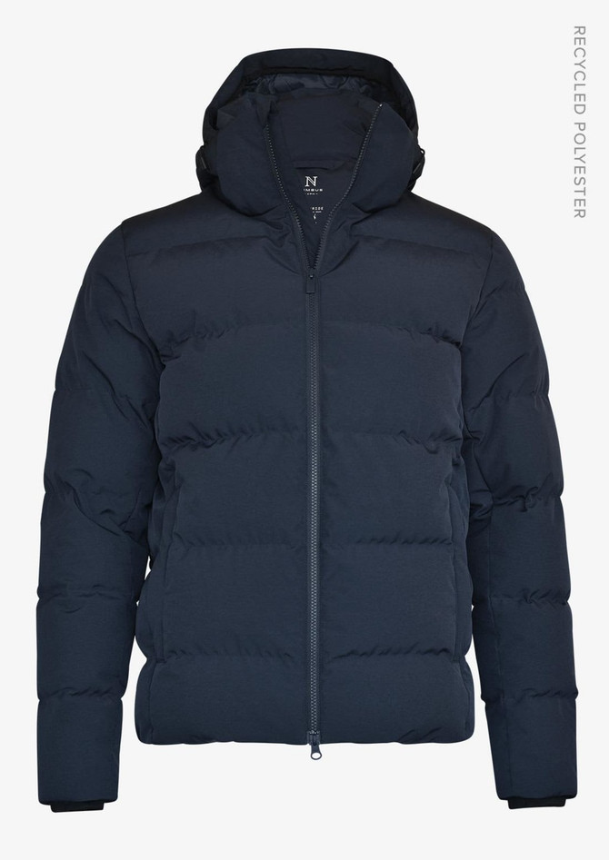 A navy unisex puffer jacket with a hood, featuring a zip closure and a logo on the design.
