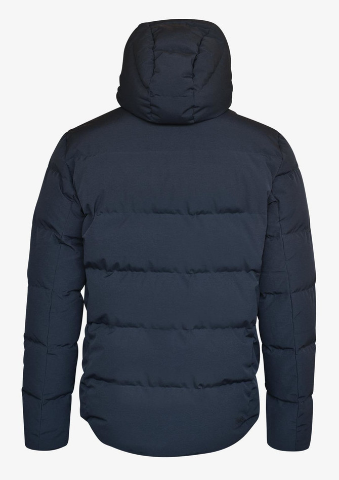 A navy unisex jacket with a hood, featuring a padded design and a back view showing the stitching details.