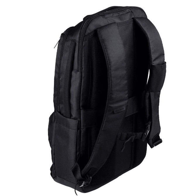 A black backpack with padded straps and multiple compartments, featuring a logo on one side. A black backpack with padded straps and multiple compartments, featuring a logo on one side.