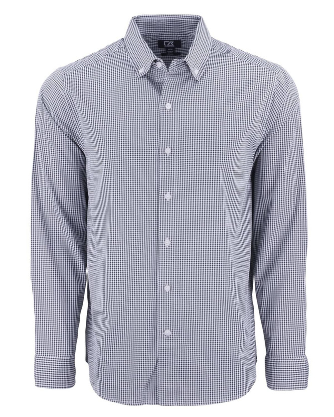 A blue and white gingham men's shirt with long sleeves and a collar, featuring a logo on the label.