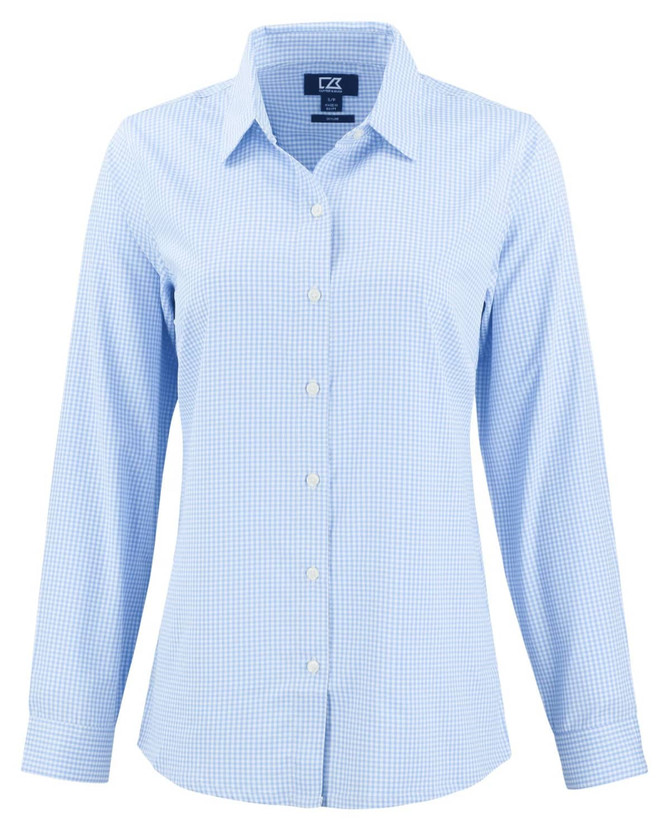 A blue and white gingham check shirt with long sleeves and a button-up front, featuring a logo on the label.