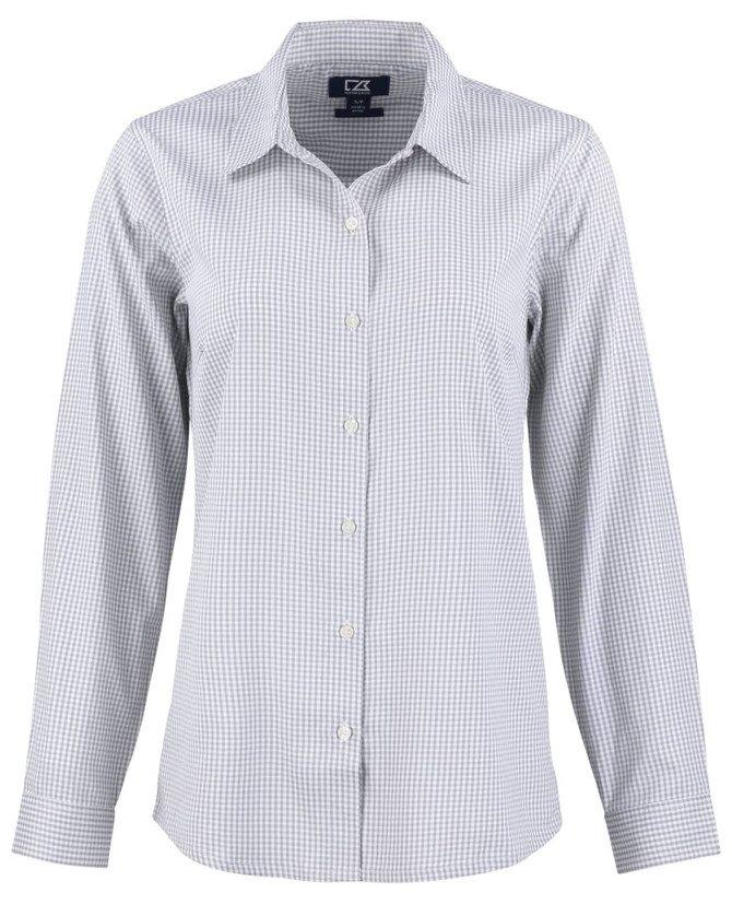 A ladies' shirt in light blue and white gingham pattern, featuring a button-up front and long sleeves.