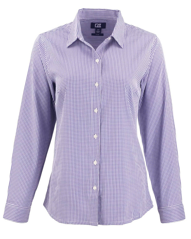 A ladies shirt in purple and white gingham check pattern with long sleeves and a button-down front, featuring a logo.