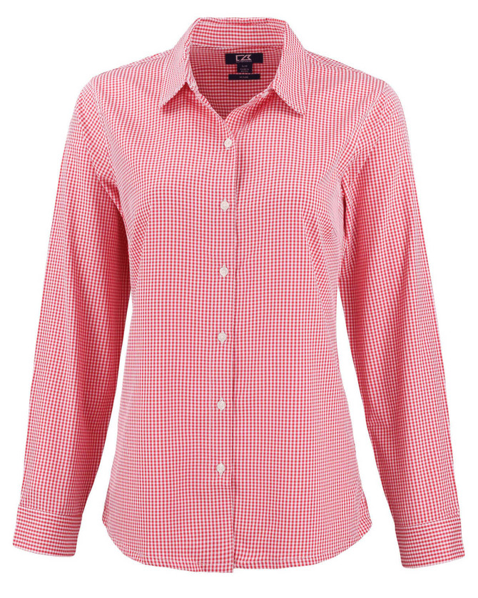 A red and white gingham shirt with long sleeves and a button-up front, featuring a collar and branding.