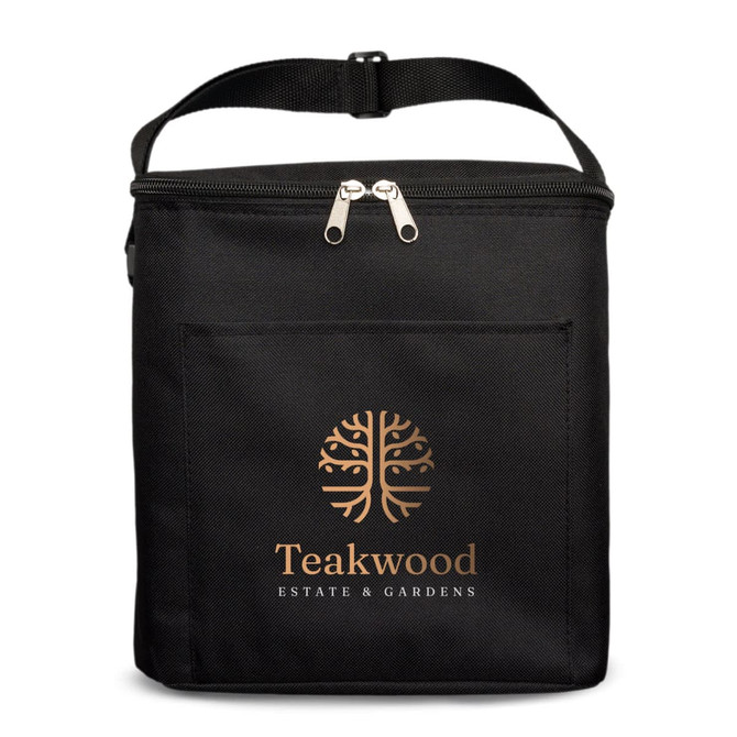 A black insulated cooler bag featuring a front pocket and a logo on the front. It has a zip closure and handle.