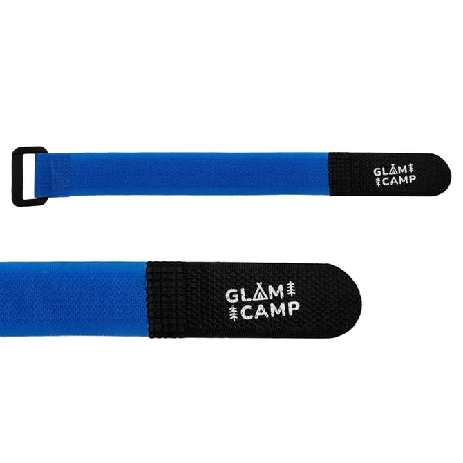 A blue travel towel strap featuring black ends and a logo.