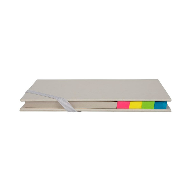 A grey trip daily planner with a secure strap and vibrant sticky tabs in pink, yellow, and green.