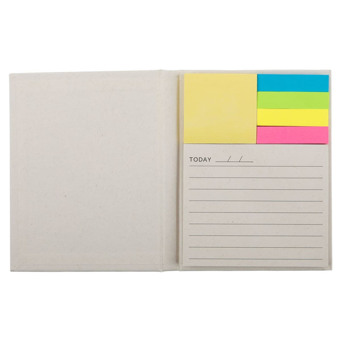 A daily planner with a beige cover, featuring lined pages and sticky notes in yellow, pink, green, and blue.